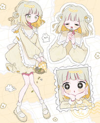  +_+ 1girl :3 :d :o ahoge apron basket blonde_hair blunt_bangs blush_stickers braid braided_hair_rings closed_eyes closed_mouth commentary_request dress drooling fang flower frilled_apron frills full_body grey_eyes grey_hair grid_background hair_rings hands_on_own_face highres holding holding_basket holding_flower long_sleeves looking_at_viewer multicolored_hair multiple_views niyu_(nennenkorori3) open_mouth original postcard shoes smile socks standing two-tone_hair white_apron white_background white_socks yellow_dress yellow_shoes 