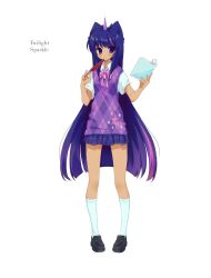  1girl 2000s_(style) animification argyle_clothes argyle_sweater_vest black_shoes book bow bowtie character_name commentary dark-skinned_female dark_skin english_commentary faux_retro_artstyle full_body hair_ears highres holding holding_book holding_quill horns jelly_(bonnybel) loafers long_hair looking_at_viewer miniskirt multicolored_hair my_little_pony my_little_pony:_friendship_is_magic personification pink_bow pink_bowtie pink_hair plaid_clothes plaid_skirt pleated_skirt procreate_(medium) purple_hair purple_skirt purple_sweater_vest quill shirt shoes simple_background single_horn skirt socks solo streaked_hair sweater_vest tachi-e twilight_sparkle unicorn_girl unicorn_horn very_long_hair violet_eyes white_background white_shirt white_socks 