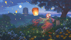  1girl absurdres alternate_costume architecture banjie breasts building chinese_commentary clouds commentary_request east_asian_architecture evening fireflies flower fox_mask full_moon green_kimono hakama hakama_skirt hata_no_kokoro highres japanese_clothes kimono lantern long_hair mask mask_on_head medium_breasts moon open_mouth orange_flower outdoors paper_lantern pink_eyes pink_hair red_hakama skirt sky_lantern touhou tree very_long_hair white_flower 