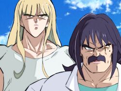  2girls black_hair blonde_hair broly_(dragon_ball_z) cho_kaguya-hime! collarbone commentary_request dragon_ball dragon_ball_z fake_facial_hair fake_mustache green_eyes kaguya_(cho_kaguya-hime!) lab_coat m_s_paragus manlification multiple_girls muscular muscular_female open_mouth paragus_(dragon_ball_z) parody red_eyes sakayori_iroha scar scar_on_face scene_reference toriyama_akira_(style) v-shaped_eyebrows 