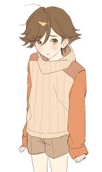  1boy amada_ken arms_at_sides blush brown_eyes brown_hair commentary cowboy_shot cropped_legs highres long_sleeves male_focus parted_lips persona persona_3 short_hair shorts solo sweater turtleneck turtleneck_sweater untranslatable_commentary white_background yaki_uu 
