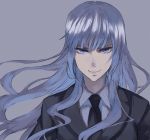  blue_eyes formal jonasan jormungand koko_hekmatyar long_hair necktie silver_hair simple_background smile solo suit 
