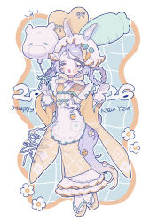  1girl 2026 ;d animal_ears apron balloon blue_background blush_stickers border braid braided_hair_rings carrot_hair_ornament commentary_request ears_through_headwear food-themed_hair_ornament frilled_apron frilled_kimono frills full_body grid_background hair_ornament hair_rings happy_new_year hat highres horse_ears horse_girl horse_tail japanese_clothes kimono long_sleeves medium_hair niyu_(nennenkorori3) obi one_eye_closed open_mouth original outline outside_border purple_hair sandals sash smile socks solo standing tabi tail vertical-striped_sash violet_eyes white_apron white_border white_hat white_outline white_sash white_socks wide_sleeves yellow_kimono yellow_sandals 