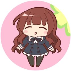  1girl :d ^_^ arms_at_sides assault_lily black_pantyhose black_skirt blunt_bangs blush border brown_hair brown_shoes chibi closed_eyes clover commentary_request cropped_jacket facing_viewer floral_background frilled_skirt frills full_body high-waist_skirt juliet_sleeves kaede_johan_nouvel long_hair long_sleeves looking_at_viewer lowres masaki_itsuki miniskirt neck_ribbon open_mouth pantyhose pink_background puffy_sleeves ribbon round_border school_uniform shoes skirt smile solo standing transparent_background very_long_hair wavy_hair yurigaoka_girls_academy_school_uniform 