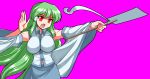  alternate_eye_color ananta armpits breasts detached_sleeves fighting_stance gohei green_hair hair_tubes kochiya_sanae large_breasts long_hair m.u.g.e.n mono_(moiky) open_mouth orange_eyes purple_background red_eyes simple_background solo touhou wide_sleeves 