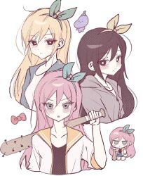  3girls alternate_costume alternate_hair_color aubrey_(faraway)_(omori) aubrey_(omori) baseball_bat black_eyes blonde_hair blue_eyes blue_hairband blush bow bright_pupils cardigan chibi closed_mouth collarbone commentary_request double-parted_bangs grey_cardigan grey_jacket hair_between_eyes hairband highres holding holding_baseball_bat jacket korean_commentary looking_at_viewer multiple_girls nail_(hardware) nail_bat omori open_cardigan open_clothes parted_lips pink_bow pink_hair sidelocks simple_background white_background white_pupils wktdms1 yellow_hairband zipper_pull_tab 
