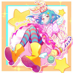 1girl :3 absurdres aqua_eyes aqua_hair boots checkered_clothes commentary_request convenient_censoring convenient_leg dress food frilled_dress frilled_gloves frills from_below gloves googly_eyes hat highres holding holding_staff ice_cream magical_girl medium_hair monogatari_(series) multicolored_squares_background ononoki_yotsugi orange_hat orokamonogatari pink_dress pink_ribbon ribbon rubber_boots solo staff star_(symbol) striped_clothes striped_thighhighs thick_eyebrows thigh-highs translation_request twintails uda_yuda_ru upskirt v white_gloves wrist_ribbon yellow_boots 