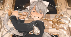  1girl black_jacket bow candelabra candle candlestand commentary cup diamond_(gemstone) diamond_ring dot_nose drinking_glass gem glint gold_ring grey_hair grin hair_between_eyes hair_bow hair_ornament hairpin hands_up highres higuchi_kaede higuchi_kaede_(1st_costume) holding holding_candlestand improvised_weapon incoming_attack jacket jewelry koinko_(hunjinwashow) long_hair long_sleeves looking_at_viewer mole mole_under_eye multiple_hairpins necklace nijisanji ornate_ring pearl_(gemstone) pearl_necklace ponytail portrait ring smile solo spoon two-handed untranslatable_commentary very_long_hair violence violet_eyes virtual_youtuber white_bow wine_glass 
