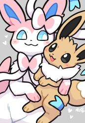  :3 animal_focus black_eyes blue_eyes blush bow bright_pupils brown_fur commentary eevee fluffy full_body grey_background heart highres looking_at_another lovewolf5122 neck_fur no_humans open_mouth pink_fur pokemon pokemon_(creature) pokemon_focus ribbon simple_background sylveon two-tone_fur untranslatable_commentary upper_body white_fur white_pupils 