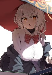  1girl absurdres black_jacket black_skirt blue_archive book bow bowtie breasts bright_pupils button_gap commentary_request diagonal-striped_bow diagonal-striped_bowtie diagonal-striped_clothes dress_shirt eri_(blue_archive) halo hat highres huge_breasts jacket jacket_partially_removed korean_commentary large_hat light_blush long_hair looking_at_viewer multicolored_hair open_mouth orange_eyes orange_halo pleated_skirt red_bow red_bowtie red_hair red_streaks shade shirt side_halo simple_background skirt small_sweatdrop solo streaked_hair striped_bow striped_bowtie striped_clothes tilted_halo two-tone_hair ujuro undershirt white_background white_hair white_pupils white_shirt witch_hat 