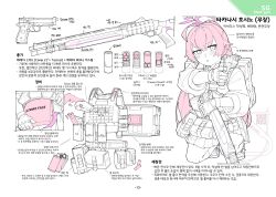  1girl absurdres aiming ammunition ammunition_pouch beretta_1301 beretta_92 blue_archive bulletproof_vest cartridge_(weapon) commentary flukhan gloves gun hair_between_eyes halo handgun highres holding holding_gun holding_weapon hoshino_(armed)_(blue_archive) hoshino_(blue_archive) information_sheet korean_commentary korean_text long_hair magazine_(weapon) multiple_views pink_hair pink_halo pouch reference_inset reloading school_uniform shotgun shotgun_shell simple_background tactical_school_uniform translation_request weapon weapon_focus white_background 