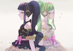  2girls back-to-back black_dress blue_hair braid braided_bangs closed_mouth dress falala_a_larm floral_print from_side garara_s_leep green_hair headphones highres idol_time_pripara kz_mochixx long_hair looking_at_viewer multiple_girls pretty_series print_dress pripara profile puffy_short_sleeves puffy_sleeves short_sleeves siblings simple_background sisters smile twins twintails very_long_hair white_dress yellow_eyes 
