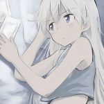  blue_eyes crop_top eila_ilmatar_juutilainen long_hair midriff on_bed on_side sandwich_(artist) silver_hair solo strike_witches tank_top 