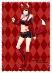  animal_ears armband artist_name bad_id belt black_legwear boots breasts choker cleavage cropped_jacket dated fang fingernails flower fox_ears fox_tail heart high_heels highres kneehighs konshin microphone midriff mound_of_venus navel pixiv_fantasia pixiv_fantasia_sword_regalia red_boots red_eyes red_hair redhead shiny shiny_skin shoes short_shorts shorts smile solo tail tattoo 