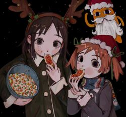  2girls absurdres animal antlers azumanga_daioh beard berry brown_coat brown_eyes brown_hair cat cat_boy coat deer_antlers eating facial_hair fake_horns fffkorobka food green_ribbon grey_coat hair_ribbon hairband hat headband highres horn_hairband horns kasuga_ayumu long_sleeves looking_at_viewer medium_hair mihama_chiyo mihama_chiyo's_father multiple_girls new_year orange_hair ribbon salad sandwich santa_costume santa_hat short_twintails twintails winter_clothes winter_coat yellow_cat 