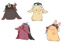  :3 animal animalization barbara_(genshin_impact) black_hat black_veil commentary_request crown flower genshin_impact hat hat_flower highres hu_tao_(genshin_impact) nasuka_gee no_humans nun plum_blossoms porkpie_hat rabbit rosaria_(genshin_impact) simple_background tiara veil white_background yoimiya_(genshin_impact) 