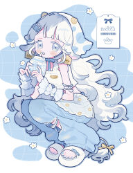  1girl absurdres animal_ears bare_shoulders blue_background blue_nails blue_pants blunt_bangs blush_stickers closed_mouth commentary_request cow_ears cow_girl cow_tail drink_carton drinking drinking_straw frilled_wrist_cuffs frills full_body grey_eyes grid_background highres holding holding_drink_carton holding_milk_carton long_hair milk_carton nail_polish niyu_(nennenkorori3) original pants sandals shirt sleeveless sleeveless_shirt solo squatting tail text_hair_ornament toenail_polish toenails torn_clothes torn_pants white_hair white_sandals white_shirt wrist_cuffs 