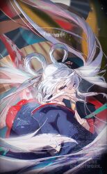  1girl blue_eyes blue_kimono center-flap_bangs cho_kaguya-hime! covered_mouth covering_own_mouth english_text floating_hair from_side glitch hair_floating_upwards hair_ornament hair_rings hair_stick highres japanese_clothes kanzashi kimono long_hair looking_at_viewer obi profile red_trim runami_yachiyo sash senmochi_02 shoulder_peek sideways_glance solo twintails upper_body very_long_hair watermark white_hair yellow_sash 