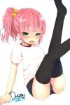  :3 black_legwear blush buruma dated green_eyes gym_uniform hair_bobbles hair_ornament highres leg_lift legs_up looking_at_viewer naughty_face no_shoes open_mouth original pink_hair signature simple_background sitting skull.03 solo thigh-highs thighhighs white_background 