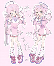  >_o 1girl :< ;3 ;d blush_stickers bow closed_mouth commentary_request dress frilled_dress frills full_body hair_ornament hair_rings halo hands_up heart highres juliet_sleeves long_hair long_sleeves looking_at_viewer multiple_views niyu_(nennenkorori3) one_eye_closed open_mouth original outline pink_background pink_hair pink_shoes puffy_sleeves purple_bow purple_halo shoes short_dress simple_background sleeve_bow smile sneakers socks standing white_bow white_dress white_outline white_socks wing_hair_ornament 