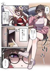  1girl ahoge baseball_cap breasts brown_hair casual colored_inner_hair colorful commentary earpiece empty_eyes full_body glasses goddess_of_victory:_nikke hat headset highres idol idol_clothes jacket large_breasts long_hair multicolored_hair navel o-los pink_jacket pretty_(nikke) red_hair red_skirt round_eyewear shirt skirt stage violet_eyes 