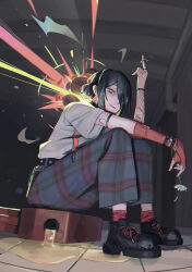  1girl absurdres alternate_costume asymmetrical_sleeves belt black_belt black_choker black_hair black_shoes blurry bokeh bracelet chainsaw_man choker civiliron depth_of_field elbow_gloves explosion fingerless_gloves fishnet_top fishnets flower from_below full_body gas_can gasoline gloves green_eyes grenade_pin grey_shirt hair_between_eyes hair_bun highres holding holding_flower industrial_pipe jewelry looking_at_viewer pants plaid_clothes plaid_pants platform_shoes pointing pointing_up punk red_socks reze_(chainsaw_man) shirt shoes short_hair short_sleeves single_elbow_glove single_fingerless_glove sitting smile socks solo sparkle studded_belt tile_floor tiles 