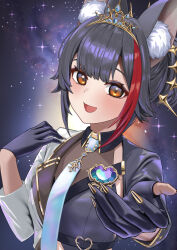  1girl absurdres alternate_hair_length_(shorter) animal_ear_fluff animal_ears black_gloves black_hair black_jacket commentary_request gloves highres hololive jacket looking_at_viewer multicolored_hair multicolored_jacket nattoushouyu3 official_alternate_costume ookami_mio ookami_mio_(our_sparkle) open_mouth partially_fingerless_gloves red_streaks short_hair smile solo streaked_hair two-tone_jacket virtual_youtuber white_jacket wolf_ears wolf_girl yellow_eyes 