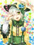  blue_rose bow bust buttons embellished_costume flower green_eyes green_hair hat hat_bow heart heart-shaped_pupils heart_of_string highres komeiji_koishi kuronohana looking_at_viewer ok_sign rose short_hair smile solo sparkle symbol-shaped_pupils third_eye thorns touhou wink 