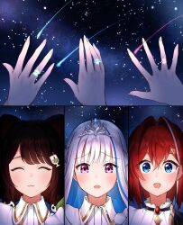  3girls :3 :d ^_^ ange_katrina animal_ears animal_hair_ornament blue_eyes blue_hair blush braid brown_hair closed_eyes colored_inner_hair column_lineup commentary_request crossed_bangs dog_ears drinking_glass_hair_ornament facing_viewer hachi_82 hair_between_eyes hair_intakes hair_ornament half_up_braid hand_focus highres inui_toko jewelry lize_helesta long_hair looking_at_viewer medium_hair multicolored_hair multiple_girls nijisanji nijisanji_idol_uniform open_mouth raised_inner_eyebrows red_hair ring sanbaka_(nijisanji) shooting_star silver_tiara sky smile star_(sky) starry_sky streaked_hair swept_bangs triangle_hair_ornament two-tone_hair violet_eyes virtual_youtuber white_hair 