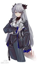  1girl :/ ambience_synesthesia arknights belt black_horns black_jacket black_pants blue_nails cropped_legs cross cross_earrings dot_nose dragon_girl dragon_horns dragon_tail earrings expressionless grey_hair high-waist_belt highres horns jacket jewelry long_hair long_sleeves looking_at_viewer miyachi_(tanya_visha) open_clothes open_jacket orange_eyes pants saria_(arknights) saria_(unstained_unshaken)_(arknights) simple_background solo striped_clothes striped_pants tail twitter_username vertical-striped_clothes vertical-striped_pants white_background 