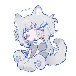  >_o 1girl animal_ears animal_hands blue_ribbon blush_stickers bone_hair_ornament chibi chibi_only commentary_request dog_ears dog_girl dog_tail dress full_body gloves grey_dress grey_eyes grey_gloves grey_hair grey_shoes hair_ornament hairclip highres long_hair neck_ribbon niyu_(nennenkorori3) one_eye_closed open_mouth original paw_gloves paw_shoes ribbon shoes short_sleeves simple_background sitting solo tail two_side_up white_background 
