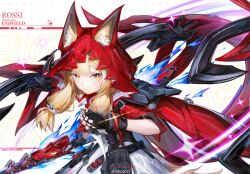  1girl absurdres animal_ear_fluff animal_ear_hood animal_ears arknights arknights:_endfield artist_name asymmetrical_dual_wielding belt black_gloves blonde_hair bright_pupils cape chinese_commentary closed_mouth commentary_request cowboy_shot dagger dual_wielding elevation_contour_lines fingerless_gloves gloves highres holding holding_dagger holding_knife holding_sword holding_weapon hood hood_up hooded_cape knife looking_at_viewer moloo27 pouch red_cape rossi_(arknights) signature solo sword weapon wolf_ears wolf_girl yellow_eyes 