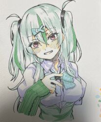  1girl aqua_bow aqua_bowtie arm_warmers blush bow bowtie breasts button_gap collared_shirt commentary_request cropped_torso eyelashes eyes_visible_through_hair fish_hair_ornament green_arm_warmers green_hair green_streaks grin hair_between_eyes hair_ornament hand_up heaven_burns_red highres large_breasts long_hair looking_at_viewer multicolored_hair ooshima_isuzu plaid_bow plaid_bowtie plaid_clothes puffy_short_sleeves puffy_sleeves red_eyes shirt short_sleeves sidelocks siromochino smile solo streaked_hair traditional_media two_side_up upper_body v very_long_hair white_shirt 