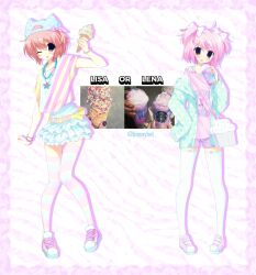  2000s_(style) 2girls ;p ahoge alternate_costume animal_hat animal_print aqua_jacket backwards_hat baseball_cap bead_bracelet bead_necklace beads belt blue_cat blue_eyes blue_skirt blush bow bracelet cat cat_hat choker commentary cup cupcake doki_doki_literature_club english_commentary fairy_kei fang fashion faux_retro_artstyle flat_chest food food_print frilled_skirt frills full_body hair_bow hat heisei_retro highres holding holding_cup holding_ice_cream_cone ice_cream_cone ice_cream_print jacket jelly_(bonnybel) jewelry jojifuku leopard_print multiple_girls natsuki_(doki_doki_literature_club) necklace off-shoulder_shirt off_shoulder one_eye_closed open_clothes open_jacket open_mouth pastel_colors petite photo_inset pink_bow pink_choker pink_hair pink_shirt pink_shoes polka_dot polka_dot_bow polka_dot_jacket print_shirt procreate_(medium) purple_shorts sayori_(doki_doki_literature_club) shirt shoes short_hair short_shorts shorts single_off_shoulder skin_fang skirt sneakers standing star_(symbol) star_necklace starbucks striped_clothes striped_shirt striped_thighhighs thigh-highs tongue tongue_out two_side_up white_bow white_thighhighs yellow_belt yume_kawaii zettai_ryouiki 