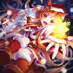  2girls animal_ears belt biwa_hayahide_(rouge_caroler)_(umamusume) biwa_hayahide_(umamusume) blush boots capelet christmas commentary_request dress fur-trimmed_capelet fur-trimmed_dress fur-trimmed_gloves fur-trimmed_headwear fur_trim glasses gloves grey_hair hat hat_bell horse_ears horse_girl horse_hat long_hair looking_at_viewer mayano_top_gun_(party_formation)_(umamusume) mayano_top_gun_(umamusume) misato_hikari multiple_girls night official_alternate_costume open_mouth orange_hair plaid_clothes plaid_gloves red_boots red_capelet red_dress red_gloves santa_costume santa_dress santa_hat sky smile star_(symbol) two_side_up umamusume 