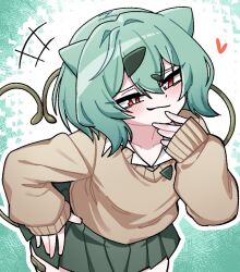  1girl :/ ahoge bandaid_on_thigh blush bright_pupils brown_sweater bulbasaur collarbone collared_shirt fey_(whitepaper) flat_chest fluffy_hair green_background green_hair green_hair_ornament green_skirt gyaru_bulbasaur gyaru_bulbasaur_(shin_no_tenpii) hair_between_eyes hair_ears hair_intakes hand_on_own_chin hand_on_own_hip head_tilt heart heart_tail humanization leaning_forward long_sleeves looking_at_viewer loving_aura personification pleated_skirt pokemon pokemon_pokopia red_eyes shirt short_hair skirt sleeves_past_wrists smirk smug solo sweater tail thick_eyelashes tsurime upper_body white_background white_pupils white_shirt 