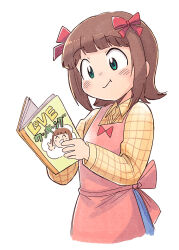  1girl :t amami_haruka apron book bow brown_hair checkered_clothes checkered_shirt closed_mouth collared_shirt cropped_torso green_eyes hair_bow holding holding_book idolmaster idolmaster_(classic) long_sleeves multiple_hair_bows pink_apron red_bow shirt short_hair simple_background smile solo tsubobot white_background yellow_shirt 