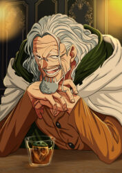  1boy beard cape commentary_request cup elbows_on_table facial_hair glasses highres ice large_hands long_hair looking_at_viewer male_focus mature_male musasabiop mustache_stubble old old_man one_piece open_mouth orange_shirt scar scar_across_eye scar_on_face shirt silvers_rayleigh solo stubble white_cape 