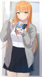  1girl ? absurdres black_bow black_bowtie black_skirt blush bow bowtie cardigan commentary diagonal-striped_bow diagonal-striped_bowtie diagonal-striped_clothes drink_carton drinking_straw fingernails gakuen_idolmaster green_eyes grey_cardigan highres holding holding_drink_carton idolmaster juu_10 long_sleeves looking_at_viewer mole mole_under_eye nail_polish orange_hair pleated_skirt school_uniform shirt shiun_sumika skirt solo striped_bow striped_bowtie striped_clothes thighs twirling_hair untranslatable_commentary white_shirt 