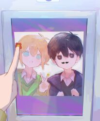  2boys alternate_costume antenna_hair basil_(faraway)_(omori) basil_(omori) black_coat black_eyes black_hair black_sweater_vest blonde_hair blue_eyes closed_mouth coat commentary double-parted_bangs green_sweater hair_between_eyes highres long_sleeves looking_at_viewer male_focus multiple_boys omori open_clothes open_coat open_mouth photo_booth shirt_under_sweater sidelocks smile sunny_(omori) sweater sweater_vest ttyyuwwuw v 