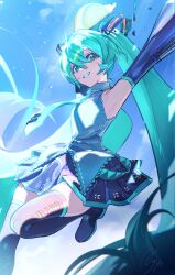 1girl agyou_sonokou_l aqua_eyes aqua_hair aqua_necktie armpits black_boots black_skirt blue_sky boots commentary detached_sleeves grey_shirt hair_between_eyes hatsune_miku headset highres long_hair looking_at_viewer necktie pleated_skirt shirt skirt sky sleeveless sleeveless_shirt smile solo thigh_boots twintails very_long_hair vocaloid 