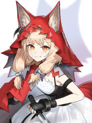  1girl animal_ear_fluff animal_ears arknights arknights:_endfield beruko14 black_gloves blonde_hair braid breasts cloak cowboy_shot dagger dress ears_through_hood fingerless_gloves gloves highres holding holding_dagger holding_knife holding_weapon hood hood_up hooded_cloak knife long_hair looking_at_viewer low-tied_long_hair orange_eyes parted_lips red_cloak rossi_(arknights) shadow small_breasts smile solo weapon white_dress wolf_ears wolf_girl 
