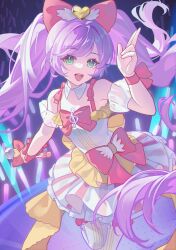  1girl absurdres bare_shoulders bow chinese_commentary commentary_request detached_collar dress floating_hair frilled_dress frills green_eyes hair_bow hair_ornament highres holding holding_microphone layered_dress manaka_laala microphone multicolored_dress open_mouth pretty_series pripara puffy_sleeves purple_hair smile solo stage striped_clothes striped_thighhighs teeth thigh-highs twintails upper_teeth_only vertical-striped_clothes vertical-striped_thighhighs white_thighhighs yushi_yels 
