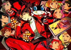  4boys 5girls akechi_goro alternate_costume amamiya_ren animal animal_ear_fluff animal_ears animal_hands black_background black_bow black_bowtie black_eyes black_gloves black_hair blue_eyes bow bowtie cat cat_paws cat_tail checkered_background conductor_baton copyright_notice feathered_wings formal_clothes gloves gradient_background grin hand_up hat holding holding_baton holding_pamphlet jacket kitagawa_yusuke looking_at_viewer mask messy_hair mini_hat morgana_(persona_5) multiple_boys multiple_girls multiple_views niijima_makoto official_alternate_costume official_art okumura_haru pants paper persona persona_5 polka_dot polka_dot_background red_background red_hat red_jacket red_pants red_wings saitou_rokuro sakamoto_ryuji sakura_futaba second-party_source sheet_music shirt short_hair smile solo star_(symbol) suit suit_pants tail takamaki_ann traditional_bowtie upper_body white_shirt wings yellow_background yoshizawa_kasumi zipper zipper_pull_tab 