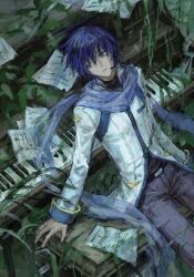  1boy blue_eyes blue_hair blue_scarf coat commentary_request grand_piano headphones high_collar highres instrument kaito_(vocaloid) kaito_(vocaloid3) looking_to_the_side microphone mnkurooo multicolored_coat piano plant scarf sheet_music short_hair sitting solo vines vocaloid white_coat 