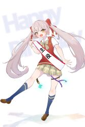  1girl :d blue_socks blunt_bangs blunt_ends blush bow bowtie brown_shoes collared_shirt commentary dated_commentary full_body grey_hair hair_bow hair_ribbon hand_up happy happy_birthday heaven_burns_red highres kirara_ankoku kneehighs loafers long_hair looking_at_viewer miniskirt official_alternate_costume ogasahara_hisame ogasahara_hisame_(garnet_dusklight) open_mouth plaid_bow plaid_bowtie plaid_clothes plaid_skirt pleated_skirt red_bow red_ribbon red_sweater_vest ribbon school_uniform shirt shoes short_sleeves sidelocks simple_background skindentation skirt smile socks solo standing standing_on_one_leg sweater_vest thigh_strap translated twintails very_long_hair white_background white_shirt wristband yellow_eyes yellow_skirt 