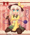  aqua_eyes black_legwear bow chocolate hat hat_bow heart heart_of_string highres holding komeiji_koishi miruki open_mouth pantyhose sitting skirt smile solo third_eye touhou wariza 