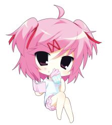  1girl 2000s_(style) ahoge blush book chibi chibi_only commentary cupcake doki_doki_literature_club eating english_commentary fairy_kei faux_retro_artstyle food frilled_skirt frills full_body hair_ribbon highres holding holding_book holding_food jelly_(bonnybel) looking_at_viewer merchandise_available natsuki_(doki_doki_literature_club) pink_eyes pink_hair pink_skirt procreate_(medium) red_ribbon ribbon shirt short_hair simple_background skirt solo two_side_up white_background white_shirt yume_kawaii 