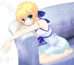 ahoge alternate_costume bare_shoulders barefoot blonde_hair couch dress fate/stay_night fate_(series) green_eyes hair_ribbon ribbon ryu-ka saber solo 