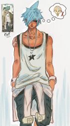  2boys absurdres black_star blue_eyes blue_hair clothes_around_waist collarbone dark-skinned_male dark_skin death_the_kid ear_piercing english_commentary grey_pants highres male_focus morphepls multiple_boys official_art_inset ohkubo_atsushi pants piercing solo_focus soul_eater speech_bubble star_(symbol) star_tattoo striped_hair tank_top tattoo thought_bubble tongue tongue_out white_tank_top 